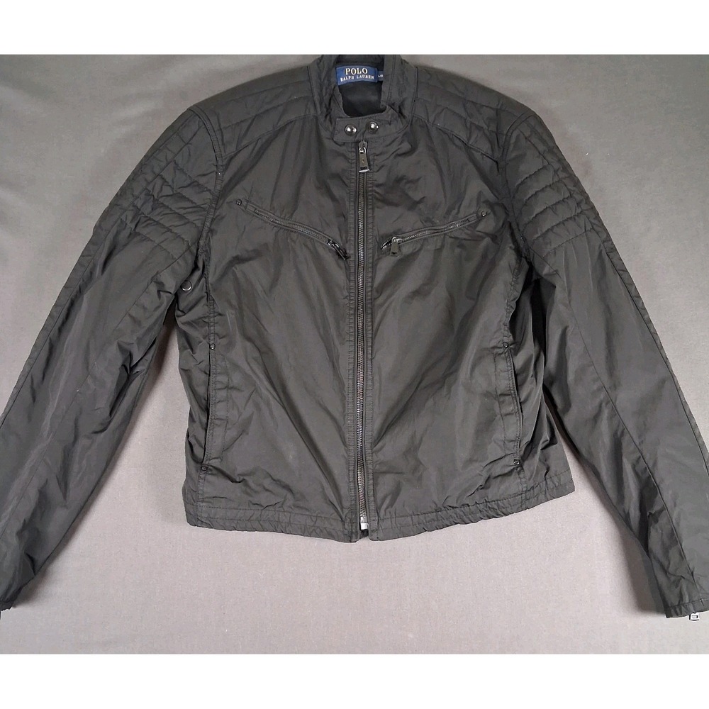 Polo Ralph Lauren Mens Large Black Nylon Cafe Racer Motorcycle Biker Jacket